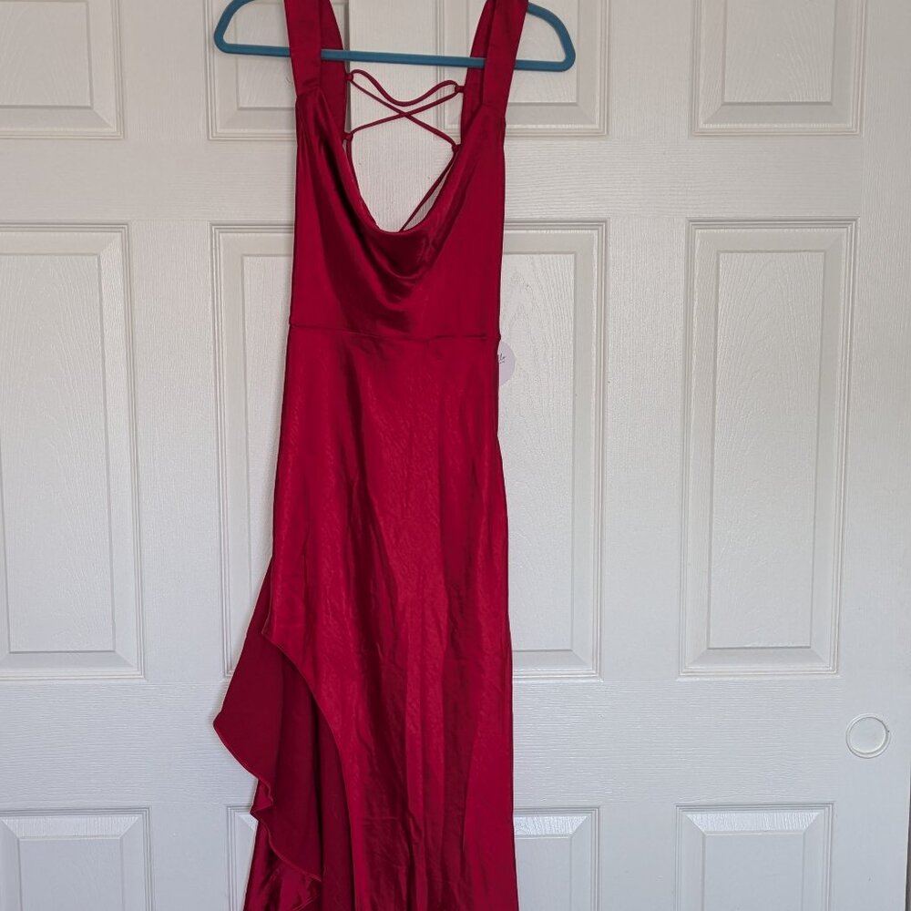 Formal Red Satin Dress - High Slit and Open Back